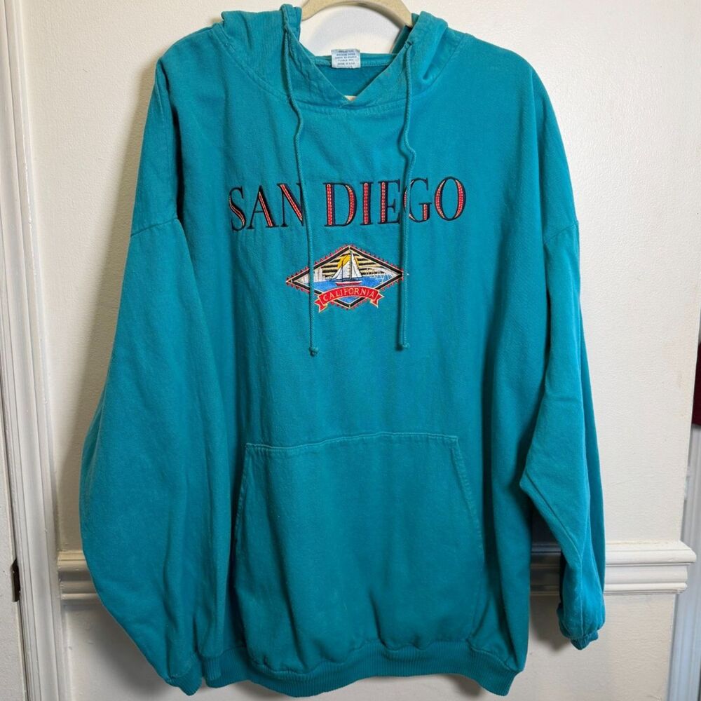 Vintage Crazy Shirts Hawaii San Diego Hoodie Teal Embroidered USA Made 90s XL